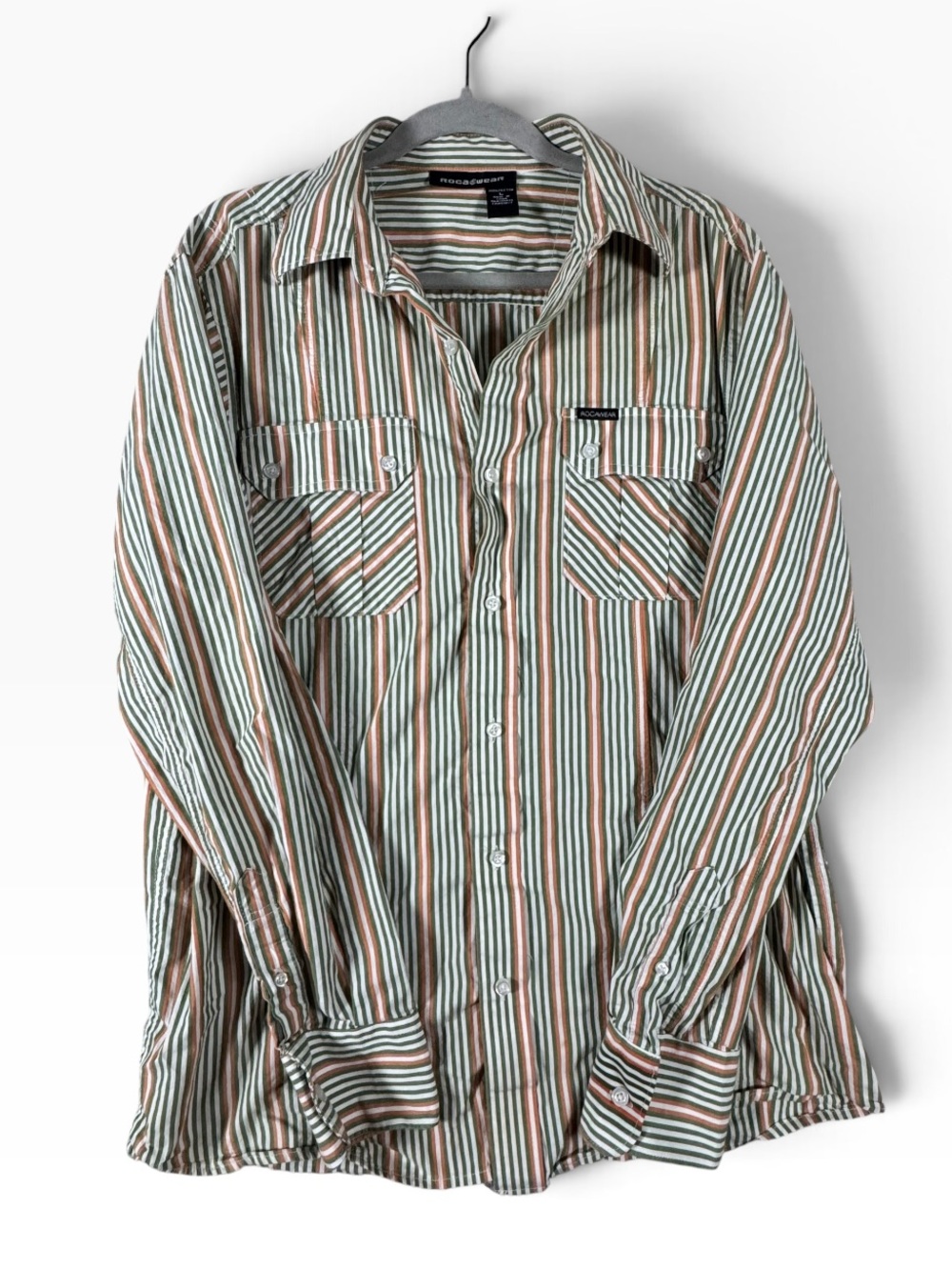 Vintage Y2K Rocawear Stripe Button-Down Shirt in Green and Orange